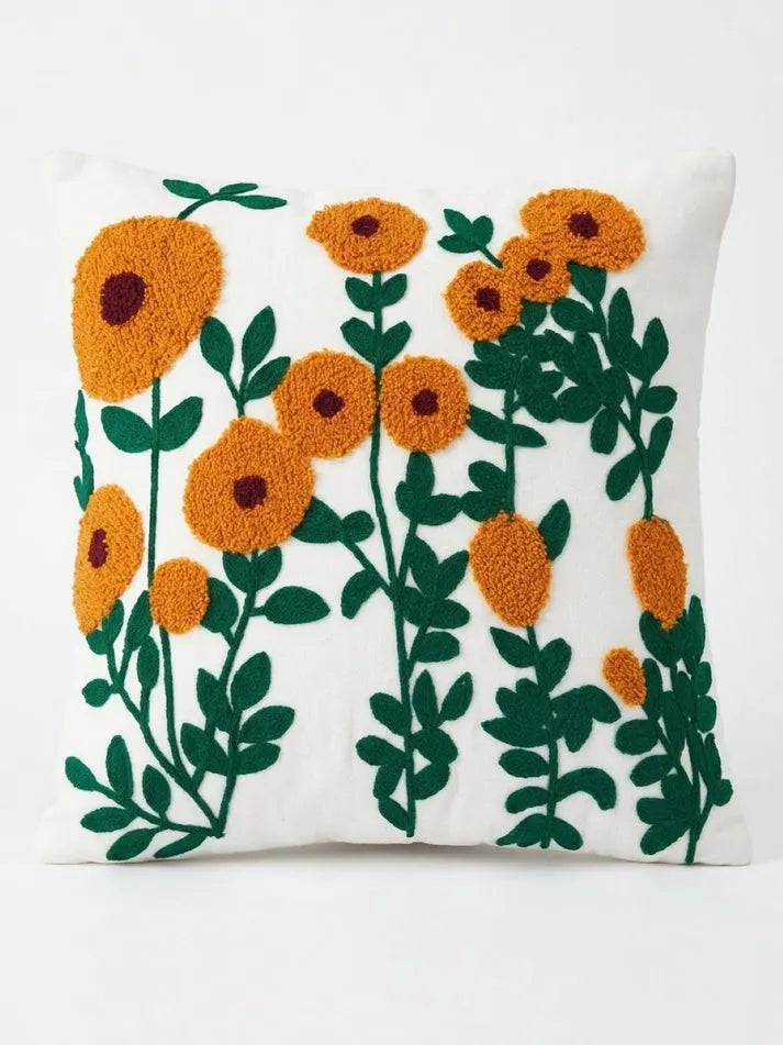Golden Meadow Bloom Hand-Tufted Cushion Cover