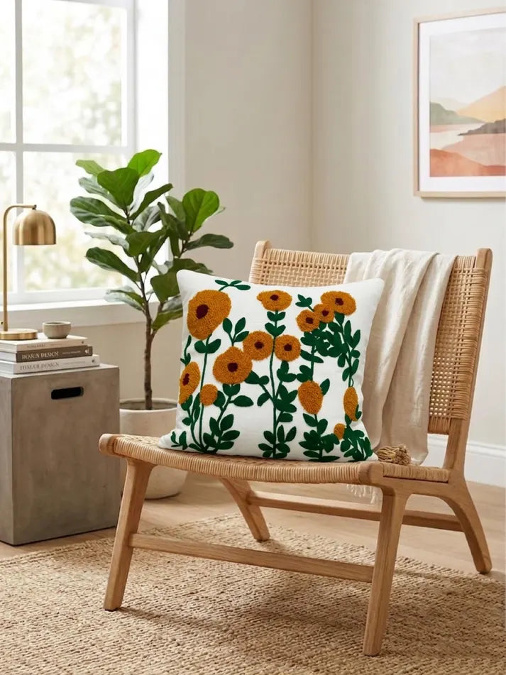 Golden Meadow Bloom Hand-Tufted Cushion Cover