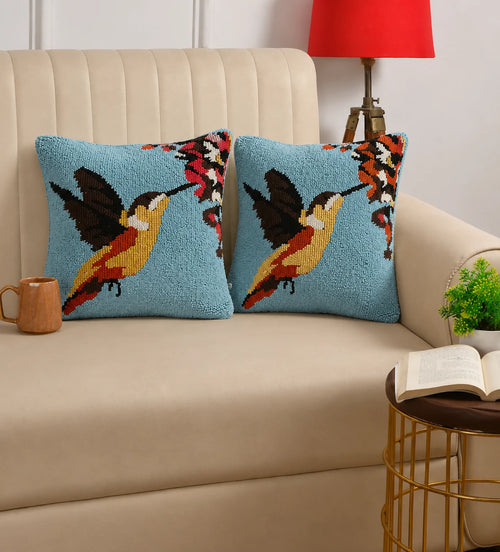 Azure Hummingbird Garden Hand-Tufted Wool Pillow Cover