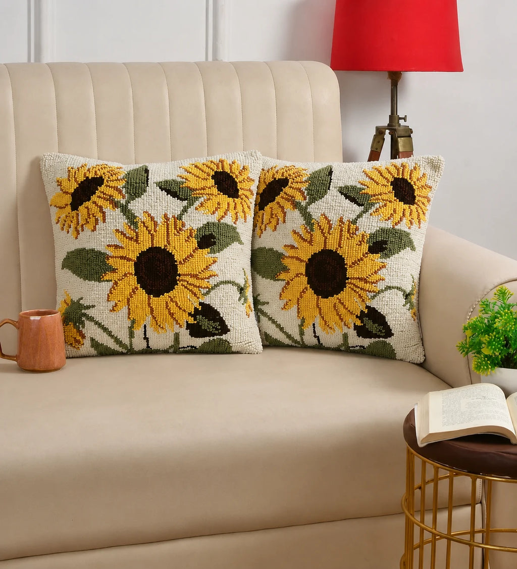 Golden Sunflower Garden Hand-Tufted Wool Pillow Cover