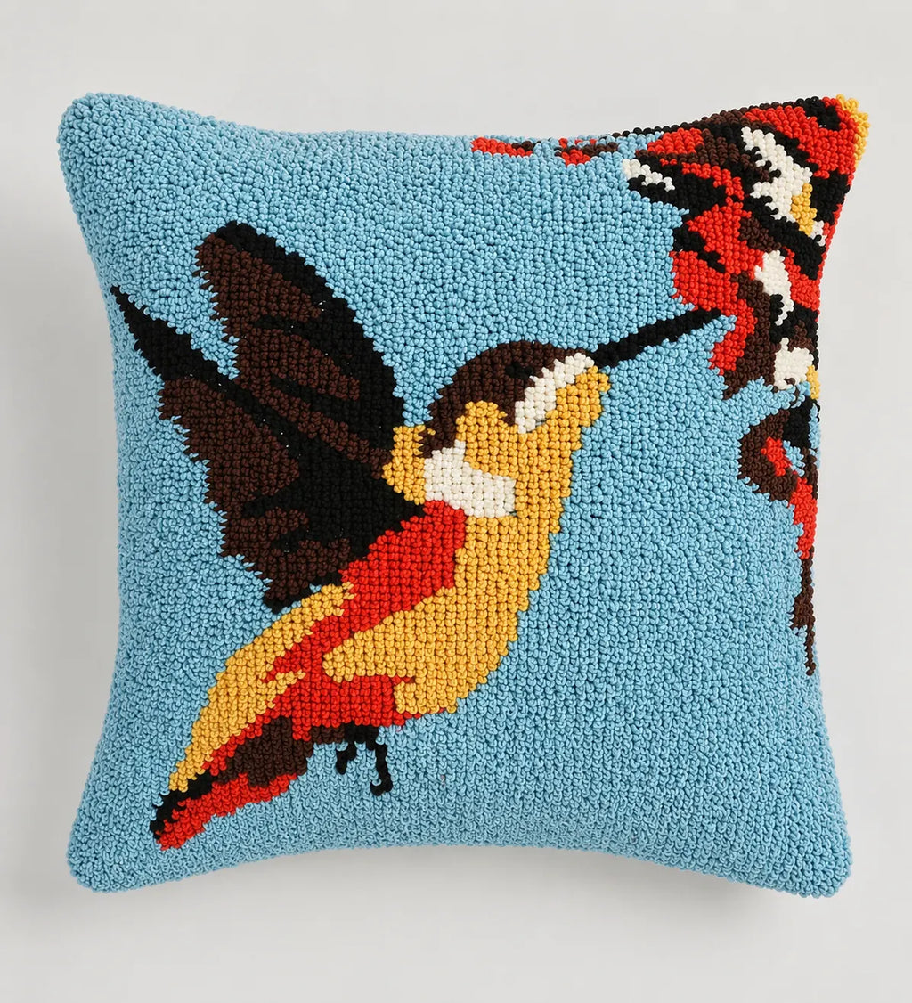 Azure Hummingbird Garden Hand-Tufted Wool Pillow Cover