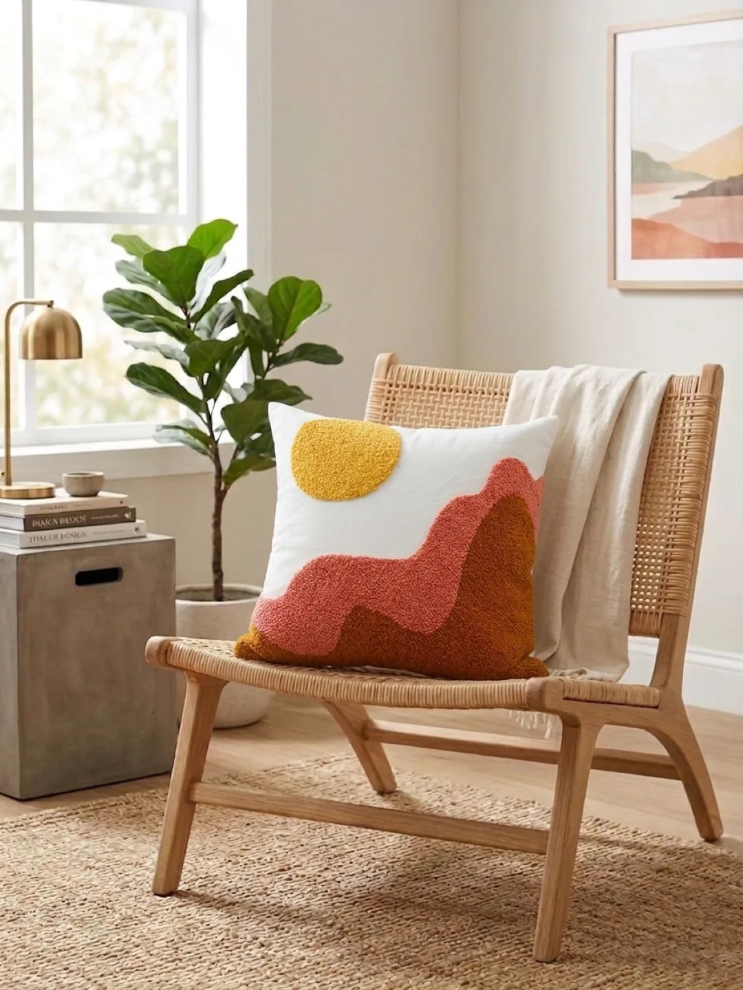 Decorative pillow with colorful design on a wicker chair in a living room setting.